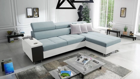 Ecksofa mit Schlaffunktion Dafni Arktisblau/Weiß rechtsseitig geflochten bietet Komfort und Funktionalität während der täglichen Erholung