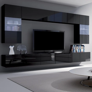 Die Schrankwand Apulia schwarz glänzend Eine außergewöhnlich stilvolle Schrankwand mit schlichten Möbelstücken, die sich in jede Einrichtung einfügt