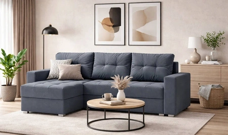 Ecksofa mit Schlaffunktion Pablos dunkelgrau Universal-Ecksofa mit Bettzeugstauraum dekorative Steppung auf der Sitzfläche