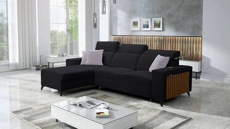 Kelly Ecksofa mit Schlaffunktion schwarz linke Seite geflochten Komfort und Funktionalität Eckseite mit Latten abgeschlossen