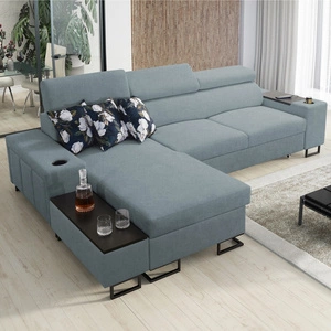 Ecksofa mit Schlaffunktion Flavio arktisblau links bequemes elegantes Ecksofa mit einer seitlich zu öffnenden Verlängerungsstange des Möbels