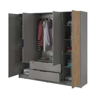 Schrank mit Spiegel Aspen 206 cm Grau / Eiche Artisan Lamellen modernes Design Schranktüren mit dekorativen Lamellen