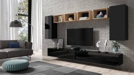 Apulia XXXV schwarz glänzend / Eiche artisan Eine außergewöhnlich stilvolle Schrankwand mit schlichten Möbelstücken, die sich in jede Einrichtung einfügt