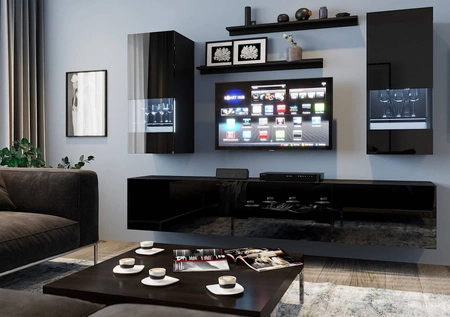 Pella schwarz / schwarz glänzend Universalschrank für das Wohnzimmer mit einem leichten Design wird perfekt in jedes Interieur passen