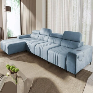 Ecksofa mit Schlaffunktion Castel XII blau linke Seite stilvolles und bequemes Ecksofa für Wohnzimmer funktionelle verstellbare Kopfstützen