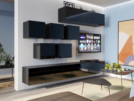 Spata Schrankwand schwarz/schwarz glänzend stilvolle grifflose Massivholz Schrankwand für Wohnzimmer oder Dielenraum modernistisch