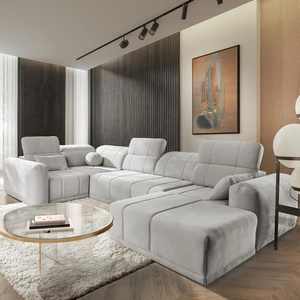 Ecksofa mit Schlaffunktion Cetara IV Esche grau rechts Design-Ecksofa mit verschiebbaren Rückenlehnen zwei Bettkästen