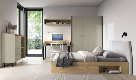 Bett mit Schubladen Olivio 120x200 cm Eiche baltic dune ideal für ein Kinderzimmer mit gepolstertem Kopfteil und Schubladen