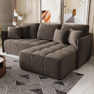 Ecksofa mit Schlaffunktion Oroso hellbraun rechts Ecksofa weicher Samtstoff mit hydrophober Beschichtung Bettzeugbehälter