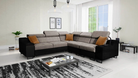 Ecksofa mit Schlaffunktion Alcamo III grau-braun/schwarz rechts Funktions-Ecksofa mit Schublade in der Seite zwei Behälter für Bettzeug