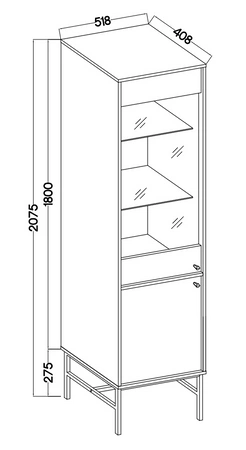 Vitrine Kyoto III 52 cm Eukalyptus stilvolles Design sicheres gehärtetes Glas Vitrine auf Metallrahmen unterstützt