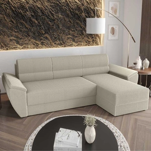 Ecksofa mit Schlaffunktion Fogu II elfenbeinfarben rechte Seite stilvolles Ecksofa mit bequemen Armlehnen und Bettzeugcontainer