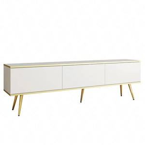 TV Schrank Luxury 175 cm weiß eleganter Designkorpus mit goldener Zierleiste Schrank auf goldenen Metallbeinen