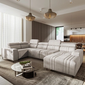 Ecksofa mit Schlaffunktion Castel IV beige rechtsseitig stilvolles Ecksofa mit Bettkasten und verstellbaren Kopfstützen