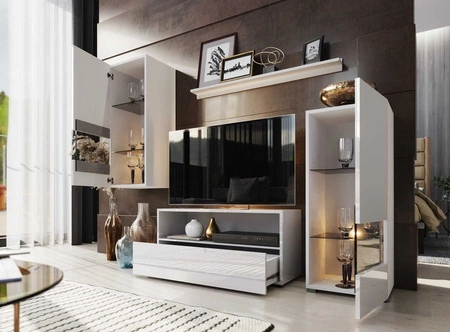 Die universelle und stilvolle Wohnwand Olimpia weiß/weiß glänzend - schlichte Elemente, die sich in jedes Interieur einfügen