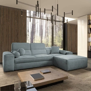 Ecksofa mit Schlaffunktion Viano grau blau rechts stilvolles Ecksofa mit interessanter Form verstellbare Kopfstützen Zierkissen