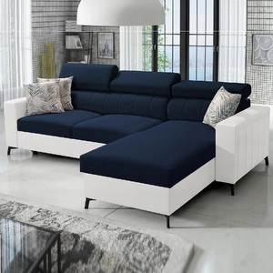 Ecksofa mit Schlaffunktion Savona navy blau / weiß rechts elegantes Ecksofa mit verstellbaren Kopfstützen Ziernähte