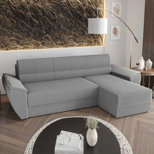 Ecksofa mit Schlaffunktion Fogu II grau Esche rechts stilvolles Ecksofa mit bequemen Armlehnen und einem Bettzeugbehälter