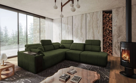 Ecksofa mit Schlaffunktion Tesalia IX grün rechte Seite modernes Design komfortable Schiebelehne Schublade in der Seite des Möbels