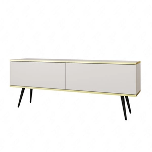 TV-Schrank Luxury 135 cm weiß eleganter Design-Korpus mit goldener Zierleiste Schrank auf schwarzen Metallbeinen