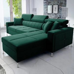 Nausa Ecksofa mit Schlaffunktion Flasche grün rechtsseitig Samt stilvolles bequemes Ecksofa verstellbare Kopfstützen Bettzeug Container