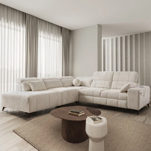 Ecksofa mit Schlaffunktion Penejos IX creme linke Seite stilvolles Ecksofa mit Bettzeugcontainern komfortable verstellbare Kopfstützen