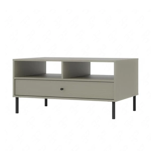 Kioto II Eukalyptus Couchtisch mit Schublade elegantes Design mit Metallbeinen in schwarz subtilen Griff verstärkt