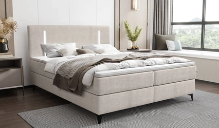 Boxspringbett Norco 140x200 ecru stilvolles Bett mit Bettwäsche Container Beleuchtung im Kopfteil fügt eine einzigartige Note