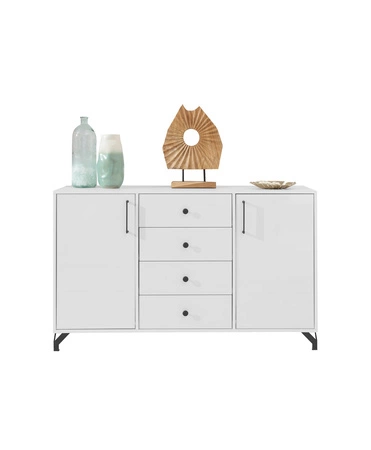 Kommode mit Schubladen Skien 140 cm weiß glänzend elegantes Design einfache Form der Möbel mit stilvollen Metall-Elemente bereichert schwarze Beine 