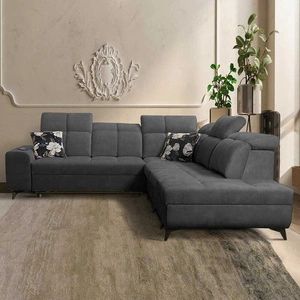 Ecksofa mit Schlaffunktion Buffalo IX graphit rechte Seite stilvolles Ecksofa für Zimmer aus Veloursstoff Zierkissen