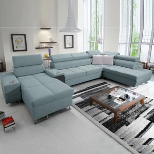 Ecksofa mit Schlaffunktion Dafni V arctic blue links geflochten bequemes und praktisches Ecksofa mit verstellbaren Kopfstützen