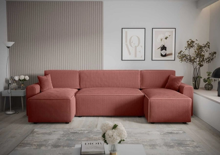Ecksofa mit Schlaffunktion Brandon U Bis Indisch rosa Bettzeugcontainer dreidimensionaler Stoff mit ausdrucksvollen Streifen weiche Armlehnen