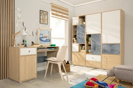 Bücherregal mit Schubladen Cary 60 cm Biskuit Eiche / weiß / Beton ideal für ein Jugendzimmer sehr nutzbar hat einen modernen Look Bücherregal mit Schubladen