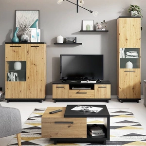 Möbelset Simi Eiche artisan / schwarz klassische Möbelform aus hochwertiger Schichtstoffplatte ideale Wohnwand für das Wohnzimmer