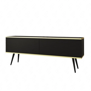 TV-Schrank Luxury 135 cm schwarz elegantes Design stilvolle geriffelte Front Korpus mit goldenen Zierleisten schwarze Metallbeine gekrönt