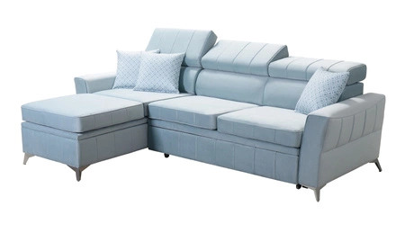 Ecksofa mit Schlaffunktion Rava blau links Samt komfortables und funktionelles Ecksofa mit verstellbaren Kopfstützen