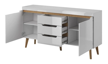 Kommode Atka 160 cm weiß / weiß glänzend / Eiche riviera modernes Möbeldesign Kommode umrandet mit speziellem ABS-Furnier