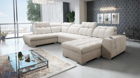Ecksofa mit Schlaffunktion Luigi VI beige rechte Seite stilvolles Ecksofa mit Bettzeugcontainer mit weichem Stoff bezogen