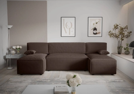 Ecksofa mit Schlaffunktion Brandon U brauner Bettzeugcontainer dreidimensionaler Stoff mit ausdrucksvollen Streifen