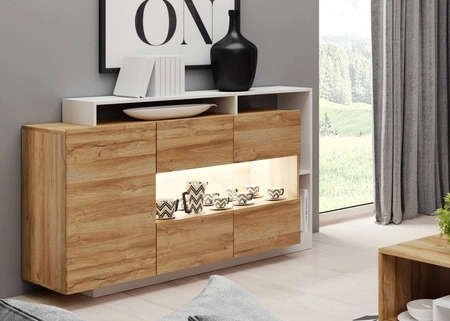 Kommode Elma 155 cm Eiche grandson / weiß modernes Möbeldesign Kommodenkante mit speziellem ABS-Furnier verarbeitet