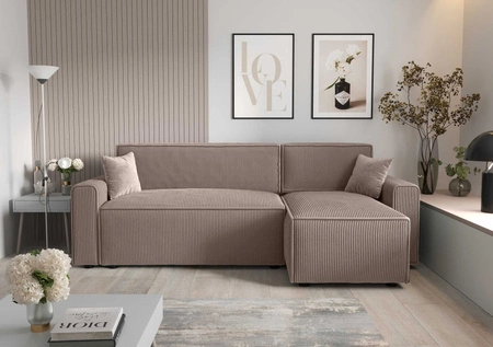 Ecksofa mit Schlaffunktion Brandon Bis hellbraun rechts Sofa dreidimensionaler Stoff mit ausdrucksstarken Streifen Bettzeug-Container