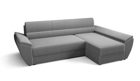 Ecksofa mit Schlaffunktion Fogu III graue Esche rechtes Ecksofa mit Armlehnen und Bettzeugablage Kordstoff