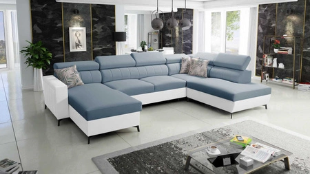 Ecksofa mit Schlaffunktion Savona VI blau/weiß links elegantes und bequemes Ecksofa für Wohnzimmer zwei Container für Bettzeug 