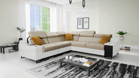 Ecksofa mit Schlaffunktion Alcamo III beige / weiß links Funktions-Ecksofa mit einer Schublade in der Seite zwei Behälter für Bettzeug