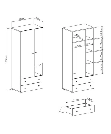 Kleiderschrank Dzeta 80 cm Eiche/anthrazit ideal für das Jugendzimmer stilvoller und geräumiger Kleiderschrank mit Schubladen