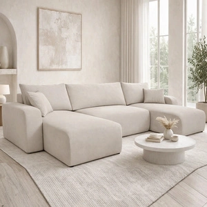 Ecksofa mit Schlaffunktion Fiesta U hellbeige stilvolles Ecksofa mit interessanter Form Stoff mit Plüsch Oberfläche Bettzeug Container