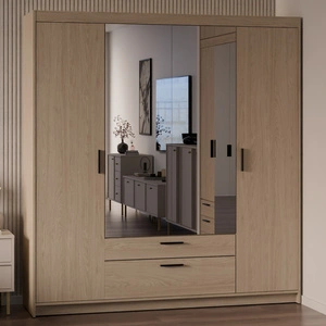 Kleiderschrank mit Spiegel Rene 176 cm Eiche geölt stilvolles Design schwarze Griffe idealer Kleiderschrank für Schlafzimmer geräumige Schubladen