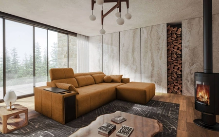 Ecksofa mit Schlaffunktion Tesalia Honig rechte Ecke modernes Design komfortable Schiebelehne Schublade in der Seite des Möbels
