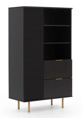 Hochkommode Sula 80 cm schwarz elegante und funktionelle Kommode mit geriffelter Front, die mit Metallgriffen verziert ist