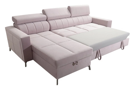 Ecksofa mit Schlaffunktion Nausa schwarz links Samt stilvoll bequemes Ecksofa verstellbare Kopfstützen Bettzeug Container